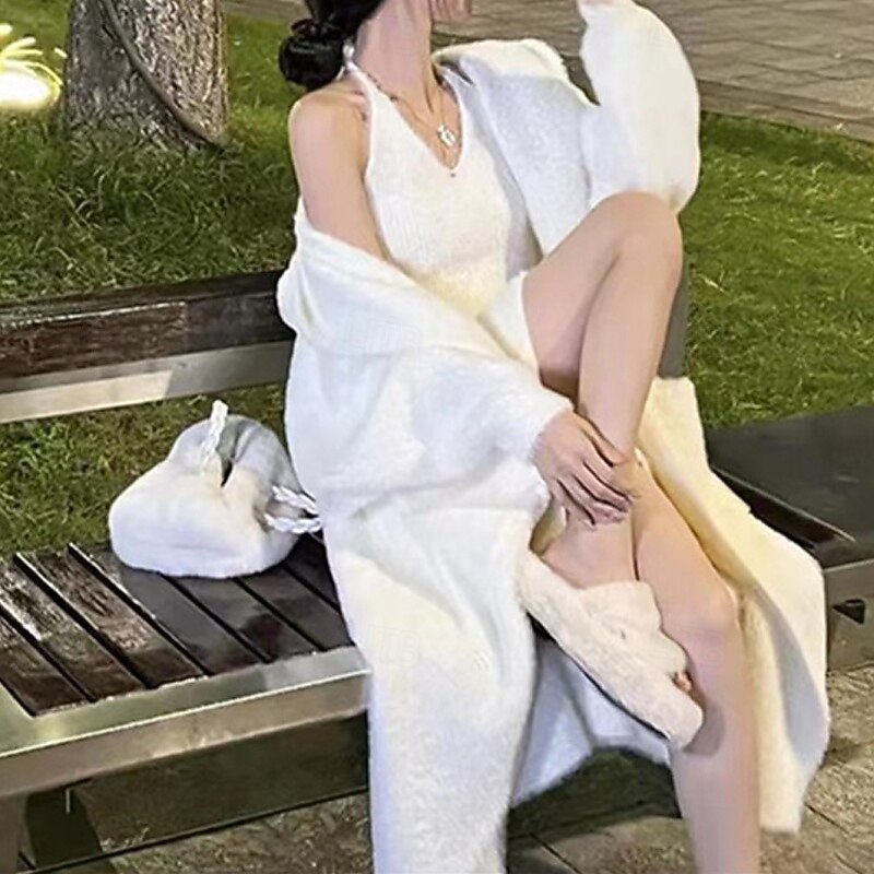 Women's Sweater Cardigan Fashion Streetwear Daily Solid Color Ribbed Hooded Knitted Long Sleeve Long Tops Knit Holiday Going out Weekend Black White Fall Winter2