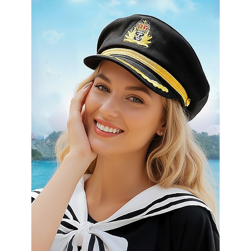 Women's Captain Hat with Gold Embroidery, Adjustable Sailor Cap for Kpop Stage Outfits, Nautical Costume, Christmas Masquerade Party and Holiday Fashion3