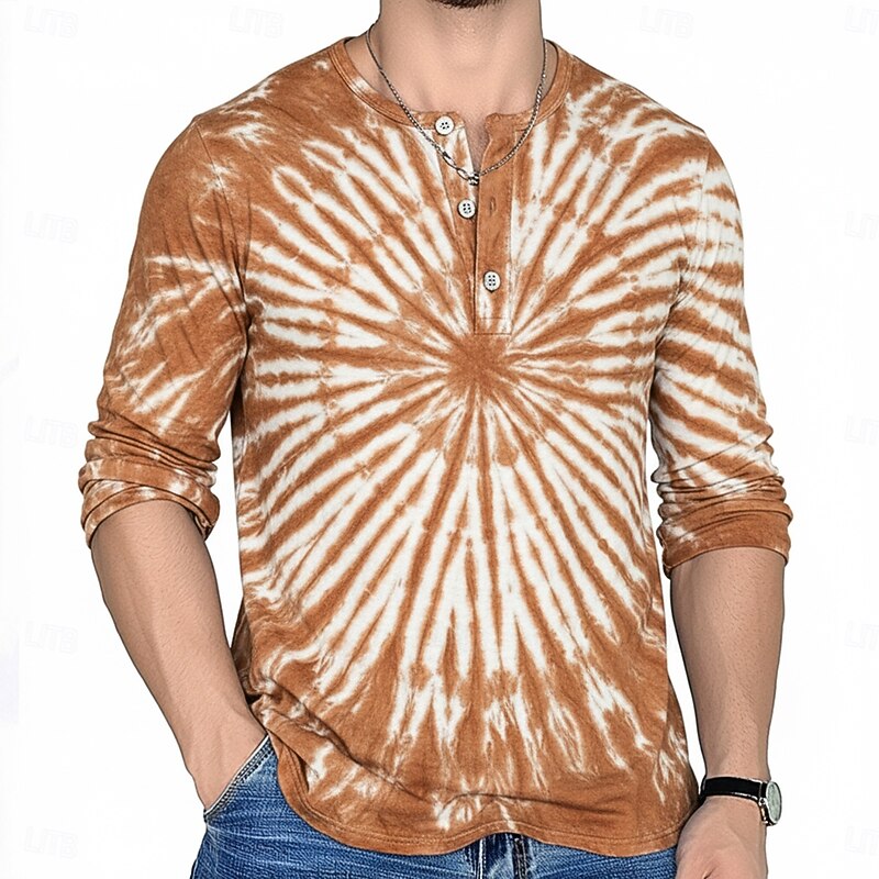 Men's Tie Dye Retro Vintage Henley Shirt Tee Long Sleeve Shirt Long Sleeve Fashion Streetwear Basic Vacation Casual Sports Spring &  Fall Lake blue Blue Purple Brown Red+Black Henley Henley T-Shirt3