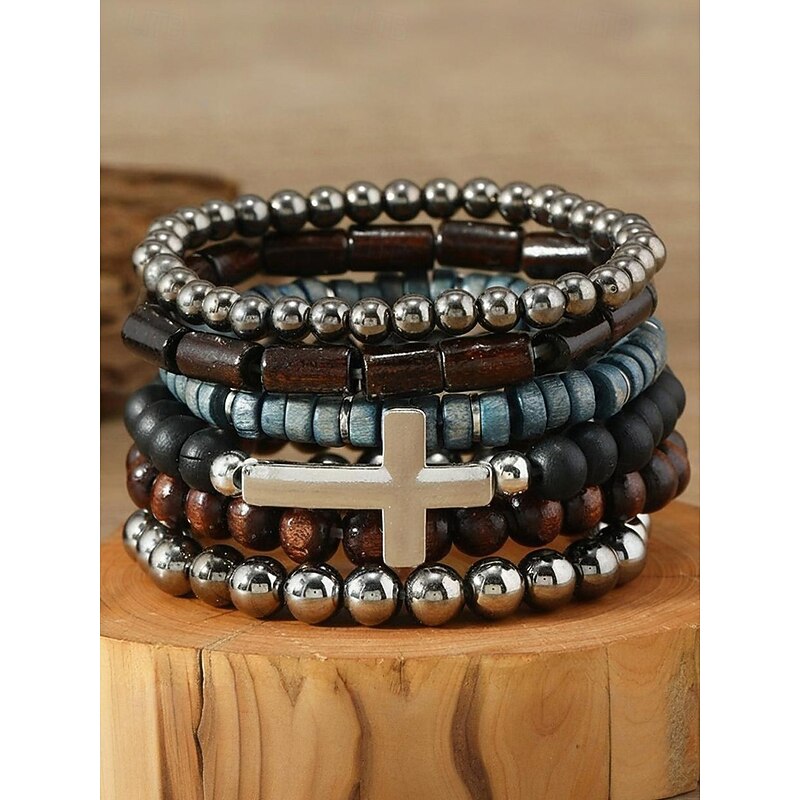 Men's Beaded Bracelet Set with Cross Charm, Multi-Layer Wooden and Metal Stretch Wristbands, Fashion Boho Jewelry for Casual, Party and Everyday Wear2