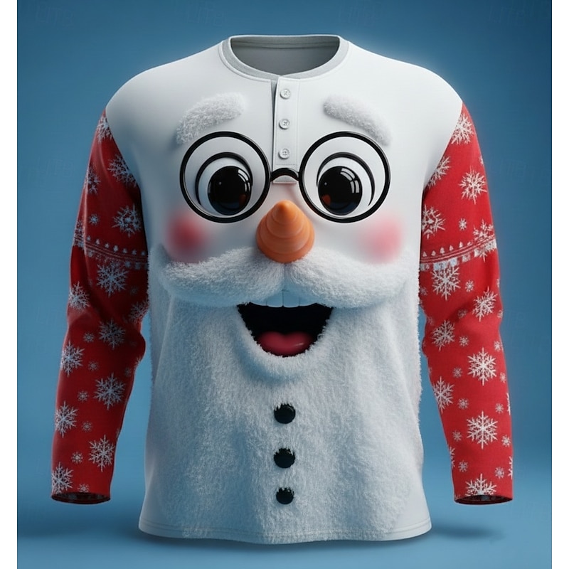 Men's Christmas Snowman Snowflakes Henley Shirt Long Sleeve Fashion Cute Daily Casual Holiday Going out Winter Spring &  Fall White Henley Henley T-Shirt