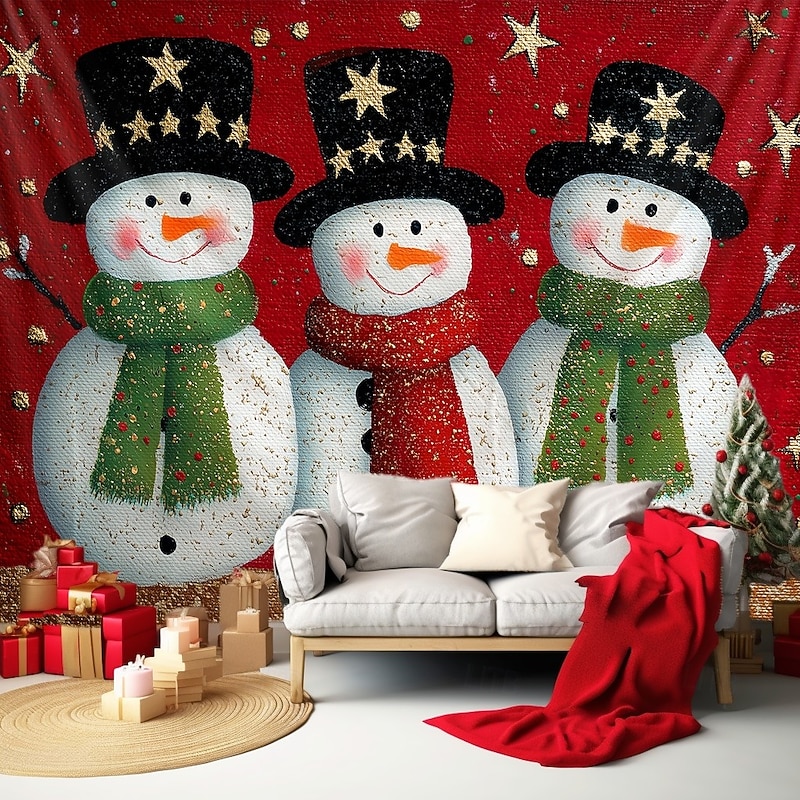 Christmas Wall Tapestry Backdrop, Colorful Family of Snowmen with Scarves and Hats, 2025 Xmas Winter Holiday Wall Hanging for Bedroom Living Room Decoration4