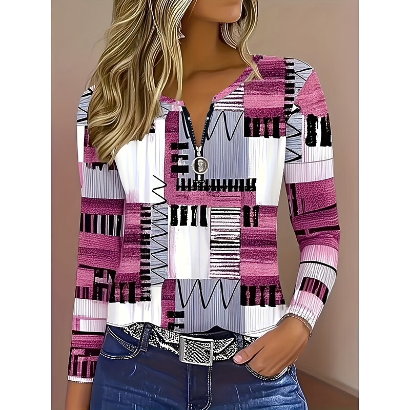 Women's Pullover Sweatshirts Zip Up Sweatshirts Set Geometric Christmas Casual Print Long Sleeve Crew Neck Regular Tops Home Casual Holiday Zip Up Print Red Blue Gold Spring, Fall, Winter, Summer3