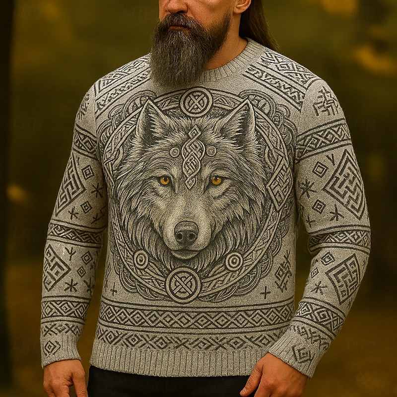 Men's Animal Wolf Viking Pullover Sweater Jumper Knitwear Crewneck Retro Vintage Casual Vacation Daily 3D Print Keep Warm Long Sleeve Spring Fall Winter Black Dark Gray Gray3