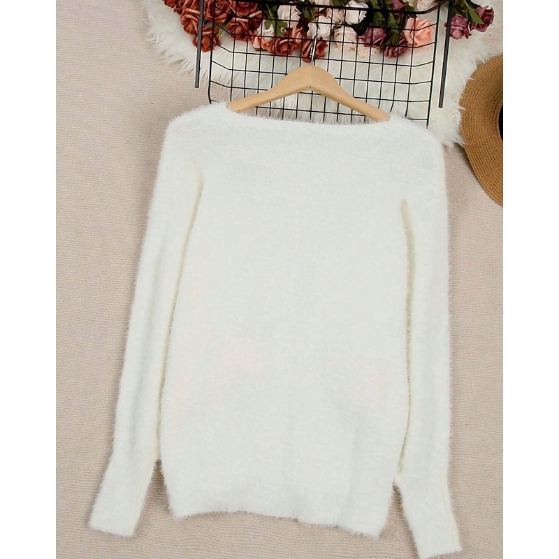 Women's Sweater Pullover Streetwear Casual Pure Color Ribbed Crew Neck Knitted Long Sleeve Regular Tops Knit Outdoor Daily Weekend White Fall Winter3