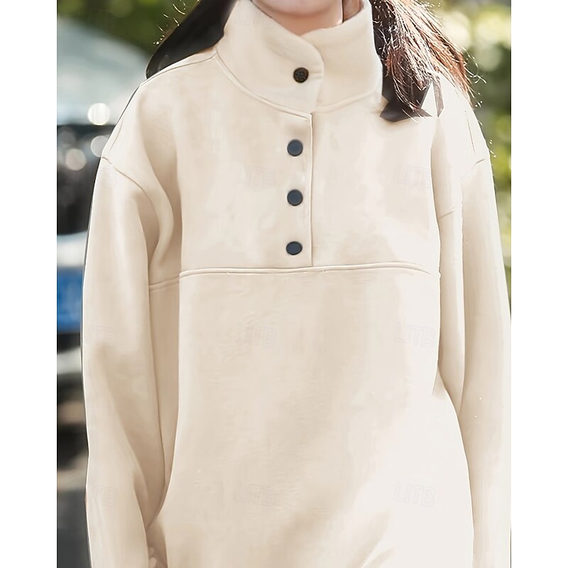 Women's Pullover Sweatshirt Plain Casual Long Sleeve High Neck Regular Tops Street Holiday Buttons Beige Fall Winter2