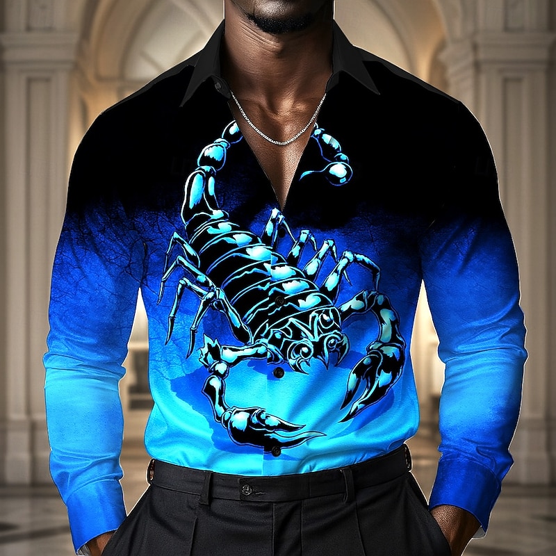Men's Gradient Color Scorpion Shirt Satin Shirt Dress Shirt Long Sleeve Vintage Retro Vacation Dailywear Summer Spring Fall Turndown 3D Print Button Up Shirts Red Blue Green2