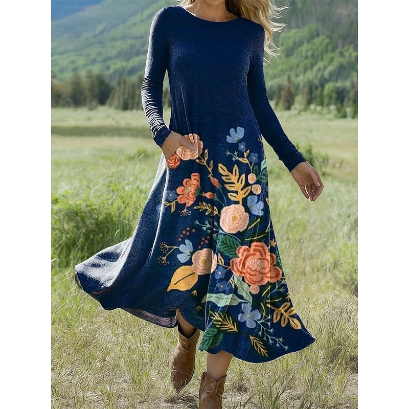 Women's Midi Dress A Line Dress Fit And Flare Dress Vacation Casual Daily Regular Fit Floral Graphic Long Sleeve Crew Neck Yellow Blue Brown Apricot Spring Fall Winter