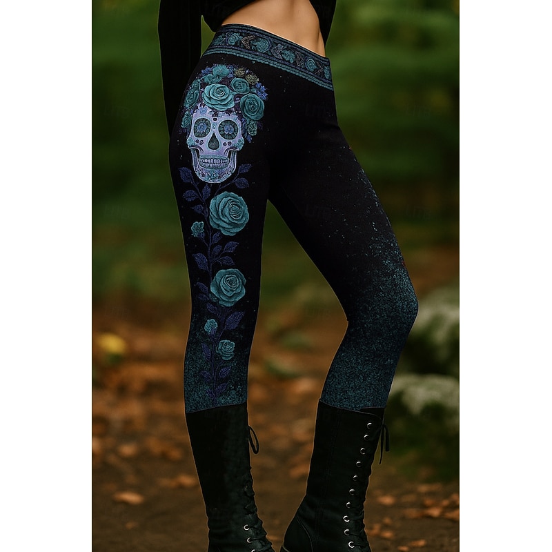 Halloween Women's Leggings Vacation Vintage Ethnic Style Full Length High Waist Graphic Skull 3D Print Quick Dry Breathability Soft Stretchy Formal Outdoor Vacation Pink Blue Purple Green Fall Winter3