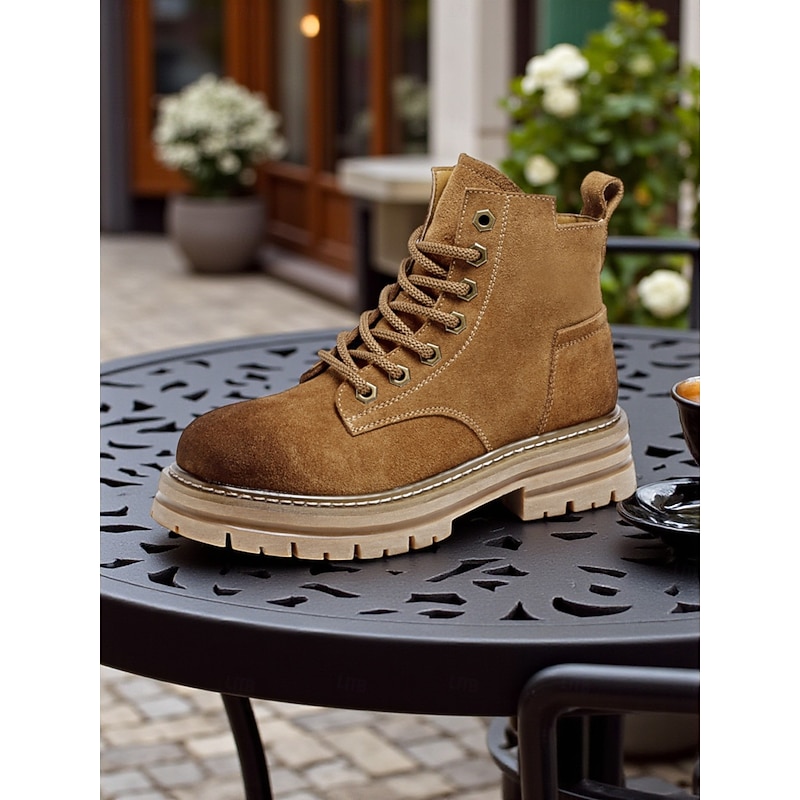 Women's Brown Suede Lace Up Ankle Boots with Chunky Non Slip Sole -Casual Outdoor Workwear Hiking Boots for Fall and Winter2