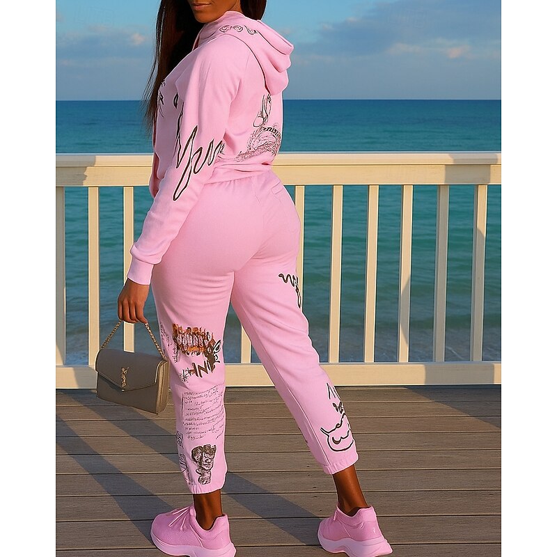 Women's 2 Piece Tracksuit Lounge Hoodie Sweatsuit Sets Pocket Printed Clothing Suit Fall Black White Outdoor Travel Sports Moisture Wicking Long Sleeve Sport Activewear Micro-elastic Regular Fit2