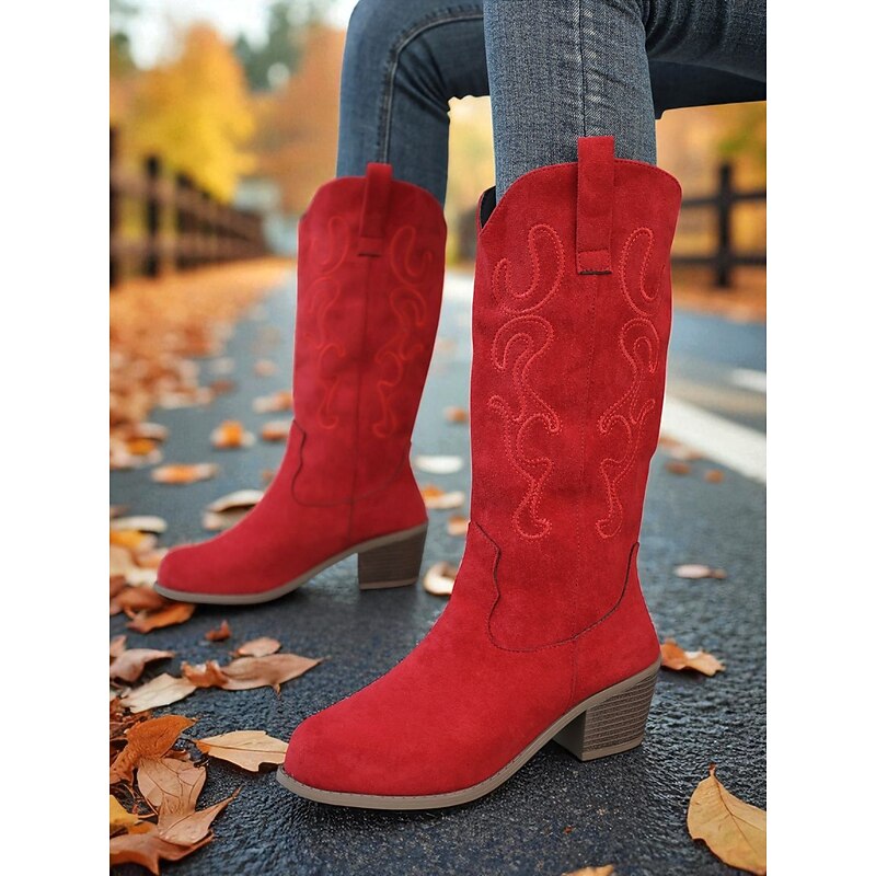 Women's Red Suede Cowboy Knee High Boots with Embroidered Western Design and Low Block Heel – Country Style Boots for Ladies, Ideal for Rodeo, Festivals & Casual Outfits2