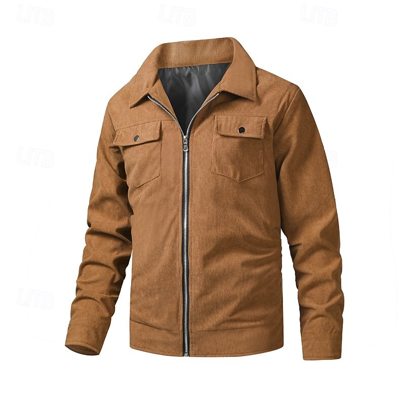 Men's Lightweight Jacket Corduroy Jacket Casual Jacket Vacation Daily Wearproof Breathable Pocket Spring Fall Plain Fashion Classic Lapel Regular Black Coffee Jacket