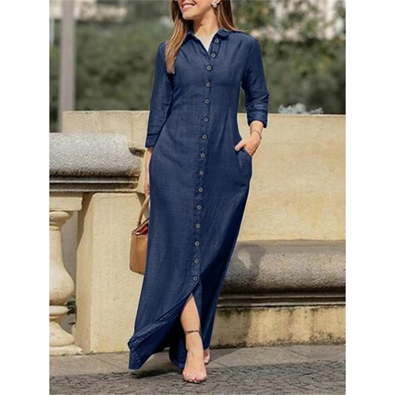 Women's Maxi Dress Shift Dress Casual Daily Regular Fit Plain Long Sleeve Lapel Black Navy Blue Blue Summer Spring Fall2