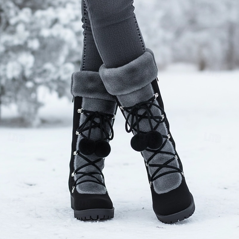 Women's Black Lace-Up Winter Boots with Faux Fur Trim, Pom-Pom Details, and Rugged Non-Slip Sole for Outdoor Snow and Cold Weather Wear2