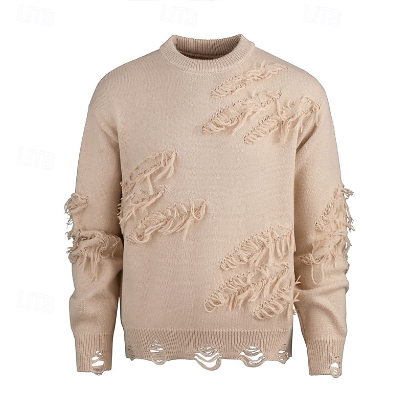 Men's Pullover Sweater Jumper Knit Sweater Ribbed Knit Regular Tops Knitted Ripped Plain Crew Neck Fashion Basic Vacation Daily Wear Clothing Apparel Fall Winter Black Khaki M L XL4