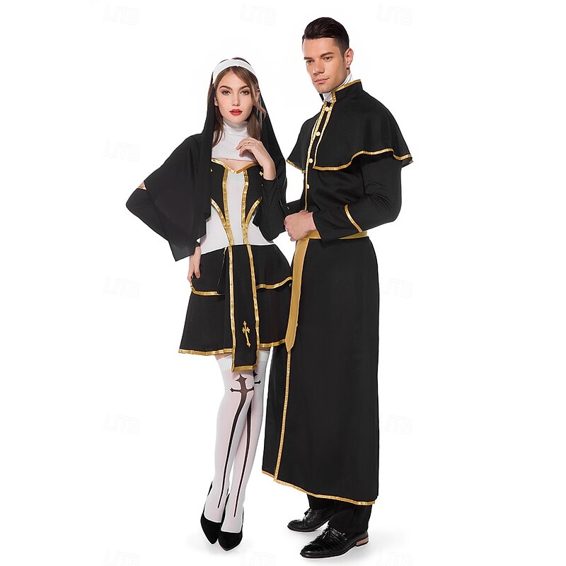 Nun Priest Halloween Dress Fancy Costume Couples' Costumes Religious Cosplay Adults' Women's Halloween Carnival Performance Party Easy Halloween Costumes Dress Up2