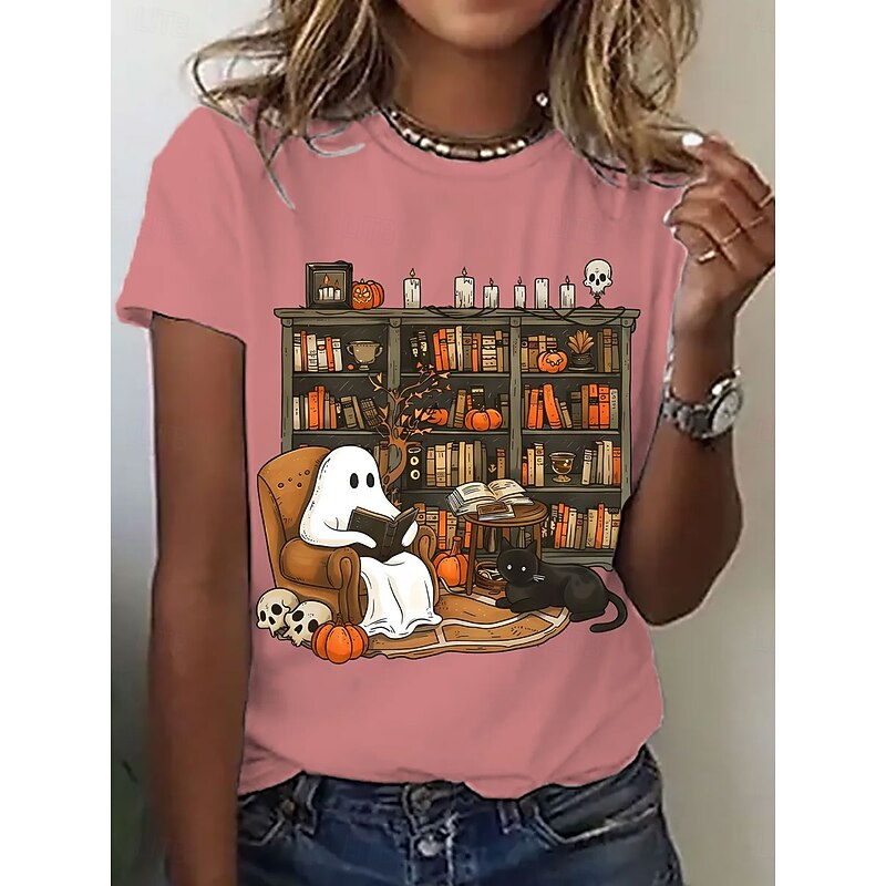 Halloween Women's T shirt Ghost Graphic Letter Vintage Stylish Classic Short Sleeve Crew Neck Regular Tops Daily Going out Weekend Print Black White Pink Blue Summer Fall4
