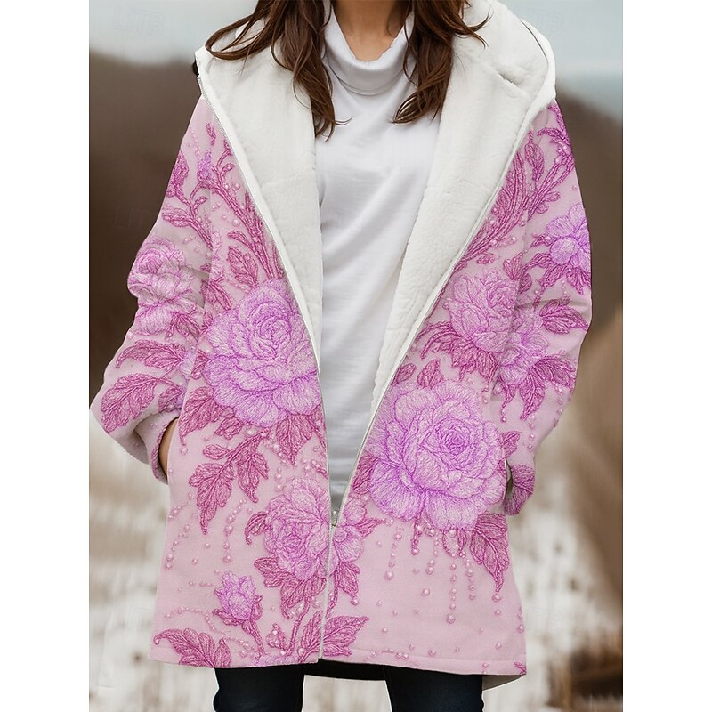 Women's Winter Coat Winter Jacket Windproof Warm Zipper Pocket Fleece Lined Casual Floral Outdoor Vacation Home Casual Long Hooded Regular Fit Long Sleeve Outerwear Light Blue Yellow Pink Winter4