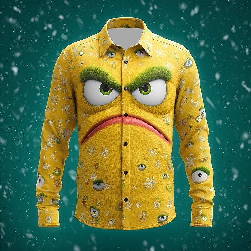 Christmas Men's 3D Cartoon funny christmas Shirt Button Up Shirt Long Sleeve Funny Outdoor Holiday Spring Fall Turndown 3D Print Collared Shirts Yellow Red Green3