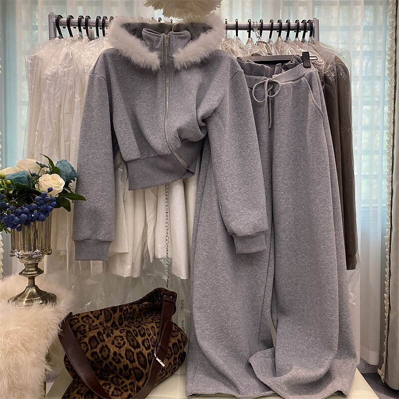 Women's Full Zip Sweatsuits Fur Hooded Jacket with Pocket Solid Colored Clothing Suit Fall & Winter Black Red Gym Outdoor Running Windproof Warm Long Sleeve Sport Activewear Micro-elastic Regular Fit2