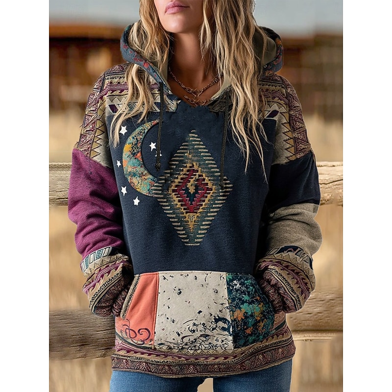 Viking Boho Women's Pullover Hoodie Sweatshirt Graphic Geometric Vintage Casual Boho Long Sleeve Hooded Regular Tops Street Patchwork Print Front Pocket Dark Blue Spring Fall Winter