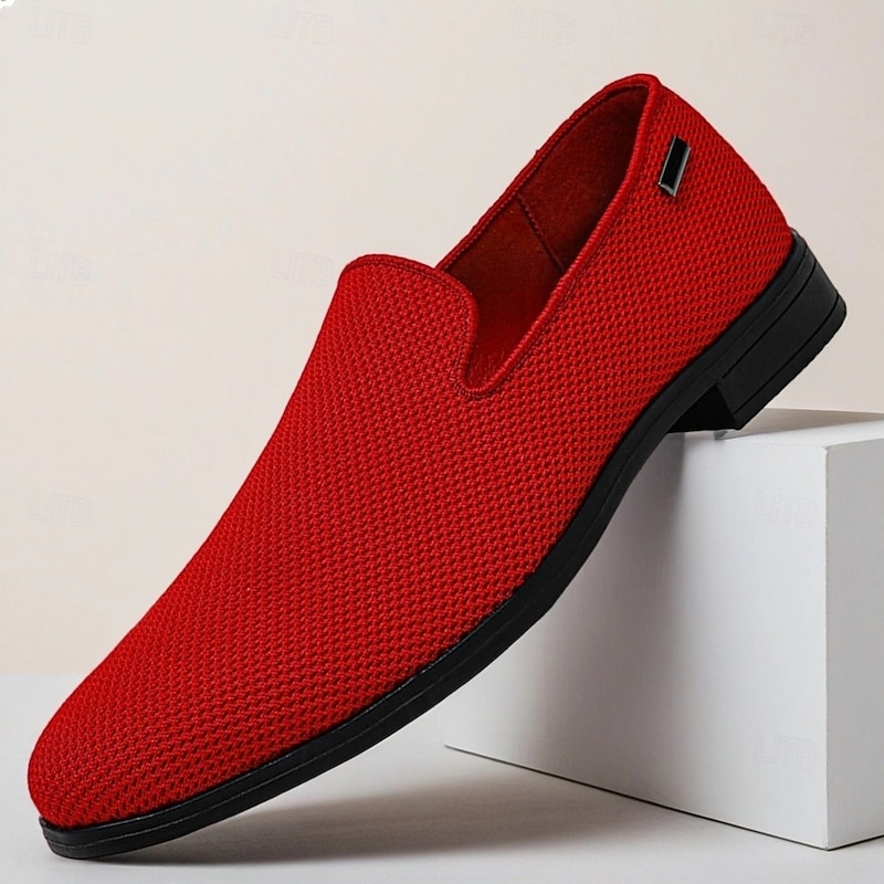 Men's Red Breathable Knit Slip-On Shoes, Lightweight Casual Walking Loafers for Summer, Travel and Streetwear Fashion
