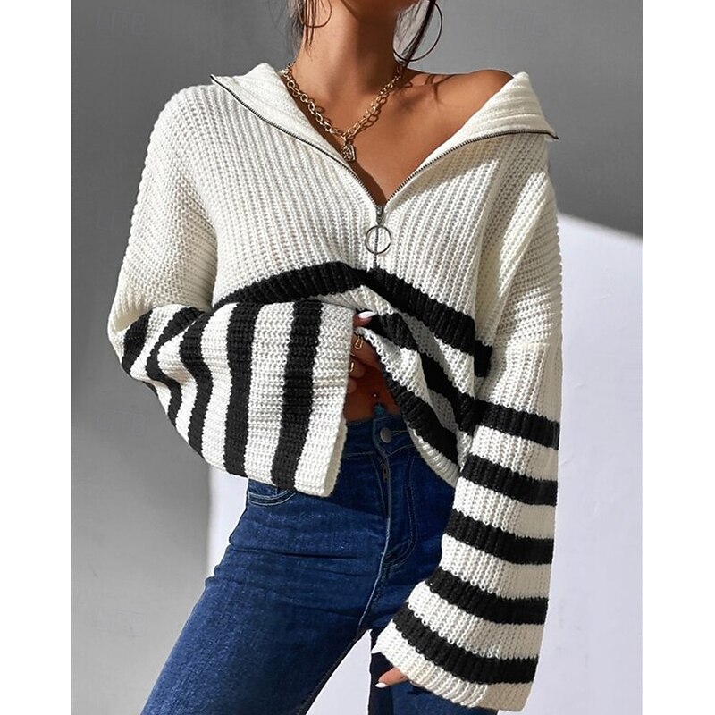 Women's Sweater Pullover Fashion Casual Striped Ribbed Half Zip Zipper Knitted Long Sleeve Regular Tops Knit Outdoor Daily Weekend Black White Fall Winter