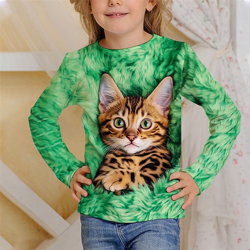 Girls' 3D Cat T shirt Tee Long Sleeve Spring Fall Fashion Basic Kids 4-12 Years Crew Neck Outdoor Casual Daily Regular Fit2