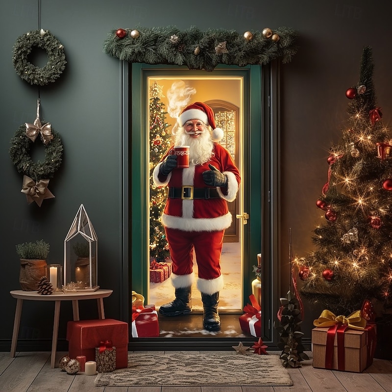 Christmas Door Cover, Vintage Santa with North Pole Sign Door Curtain, Retro 2025 Xmas Entrance Banner for Holiday Party, Porch and Home Decoration2