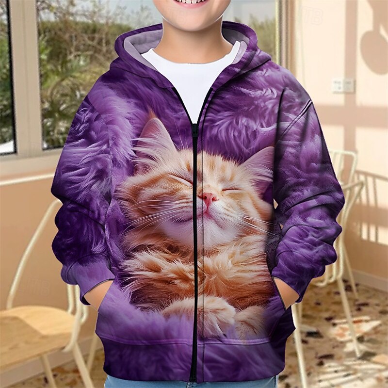 Boys' 3D Cat Hoodie Coat Outerwear Long Sleeve Spring Fall Fashion Streetwear Kids 4-12 Years Hooded Outdoor Casual Daily Regular Fit2