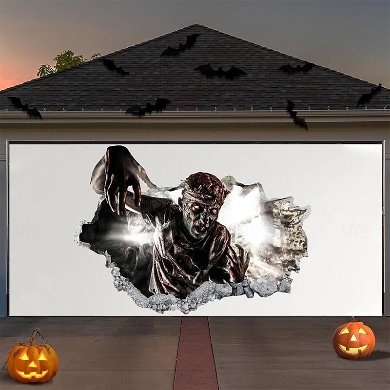 Halloween Garage Door Cover 3D Cracked Wall Mummy with Glowing Eyes Banner Haunted House Horror Scene Spooky Backdrop Tapestry for Outdoor Wall Fence Yard Halloween Party Decoration4