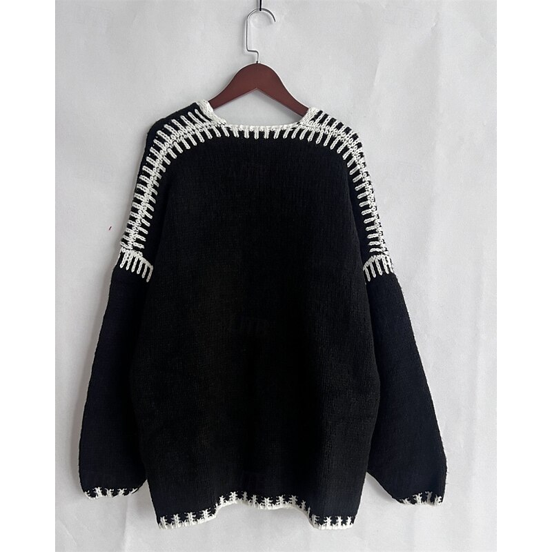 Women's Sweater Cardigan Streetwear Casual Color Block Crew Neck Patchwork Knitted Long Sleeve Regular Tops Knit Holiday Going out Weekend Black Pink Fall Winter4