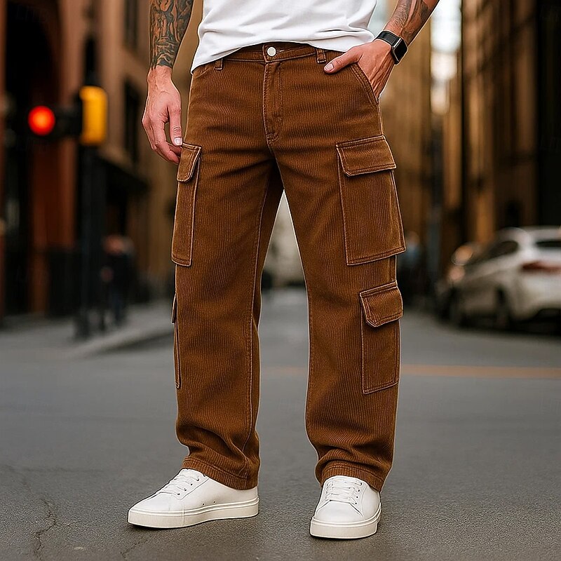 Men's Cargo Pants Cargo Trousers Corduroy Pants Zipper Pocket Buttons Solid Color Plain Soft Breathable Full Length Formal Office Work Vacation Stylish Dark Brown Army Green Inelastic