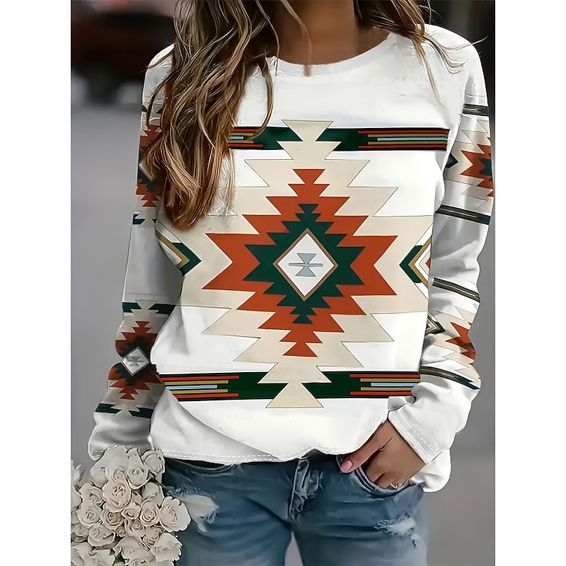 Women's Tunic Graphic Geometric Tribal Vintage Fashion Stylish Long Sleeve Crew Neck Round Neck Regular Tops Daily Print White Spring Fall Winter