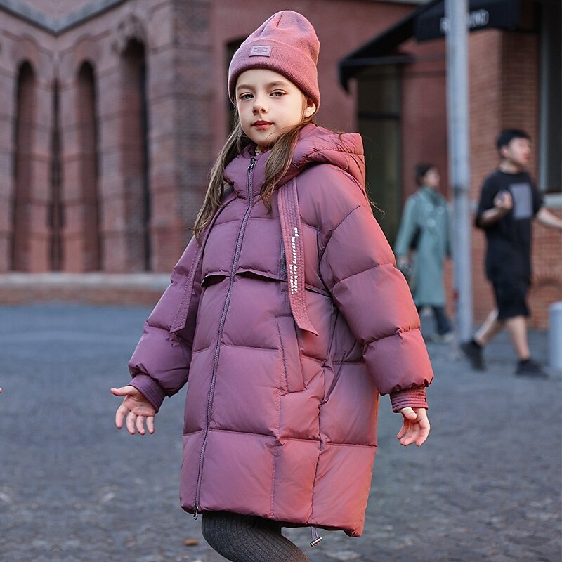 Kids Girls' Down Jacket Outdoor Jacket Puffer Jacket Solid Color Fashion Keep Warm Windproof Outdoor Coat Outerwear 4-12 Years Fall Black Purple Green2