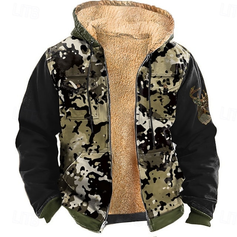 Men's Camo Camouflage Deer Fleece Hoodie Jacket Fashion Cool Hooded Hunting Green Khaki Zipper Pocket Fall Winter Designer - Main Image