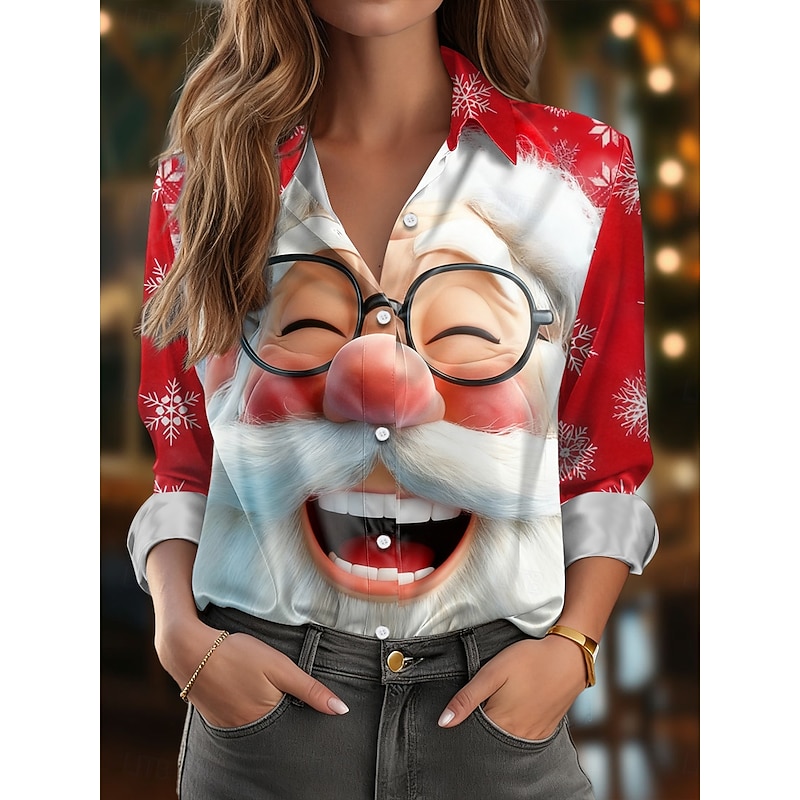 Christmas Women's Shirt Graphic Santa Claus Elegant Vintage Stylish Long Sleeve Shirt Collar Regular Tops Work Daily Holiday White Wine Red Red White Fall Winter