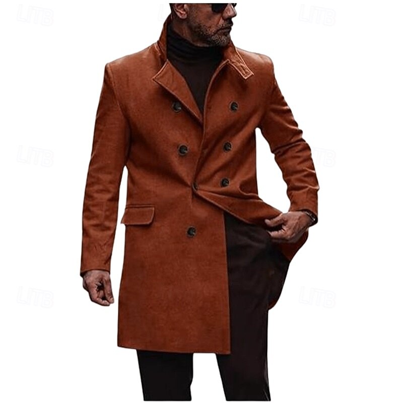Men's Overcoat Peacoat Long Trench Coat Trench Coat Casual Fall Winter Polyester Outerwear Clothing Apparel Classic Solid Color Notched Double Breasted4