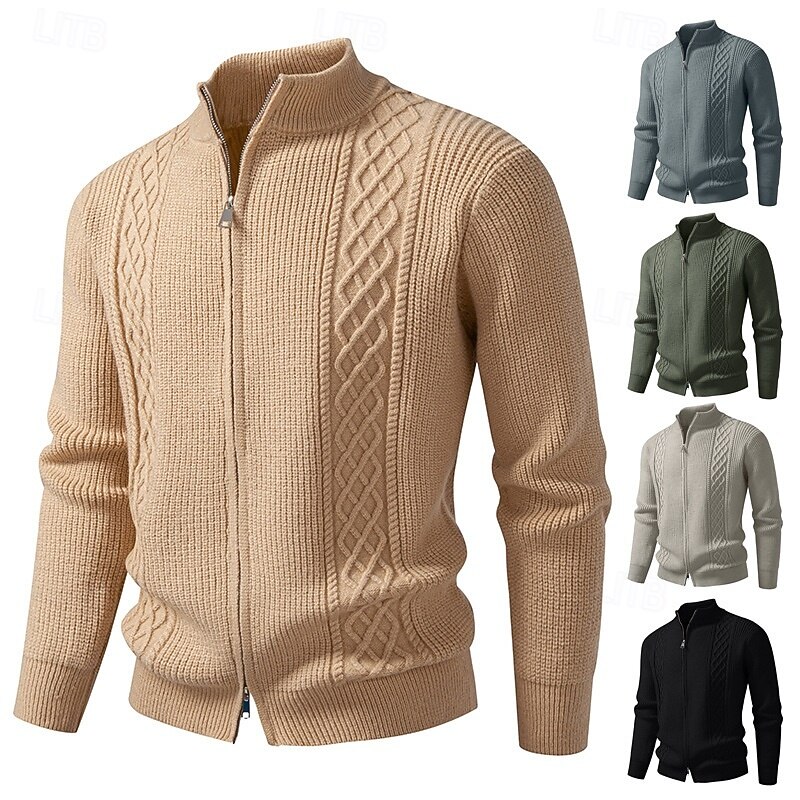 Men's Sweater Cardigan Sweater Ribbed Cable Knit Short Knitted Plain Stand Collar Vacation Fashion Casual Daily Wear Clothing Apparel Fall Spring &  Fall Black khaki M L XL