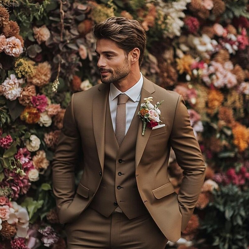 Men's Wedding Business Party Suits Notch Lapel Brown Daily Formal Solid Colored Slim Fit 3 Piece Single Breasted Two-buttons