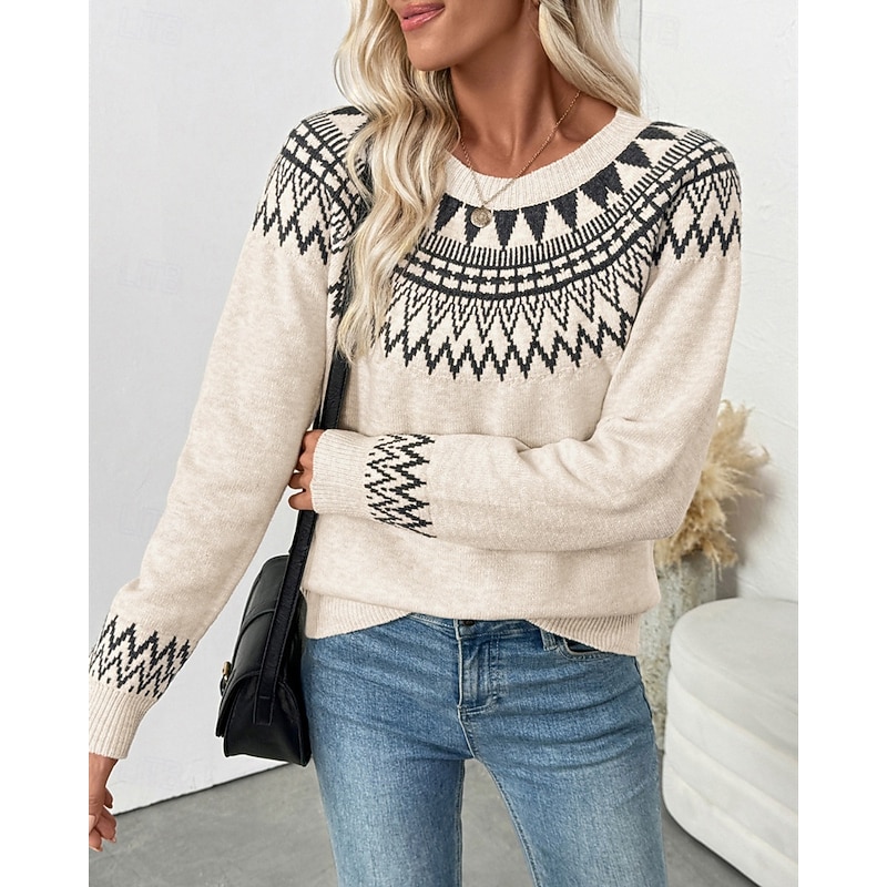 Women's Sweater Fair Isle Sweater Pullover Vintage Fashion Casual Geometric Ribbed Crew Neck Knitted Print Long Sleeve Regular Tops Knit Christmas Outdoor Daily Apricot Fall Winter3