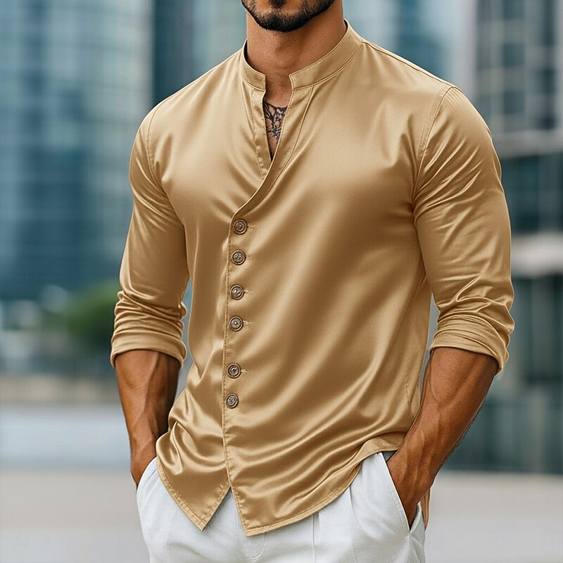 Men's Shirt Satin Shirt Dress Shirt Casual Shirt Button Up Shirt Prom Shirt Plain Formal Wedding Light Blue Black White Royal Blue Long Sleeve V Neck All Seasons Clothing Apparel4