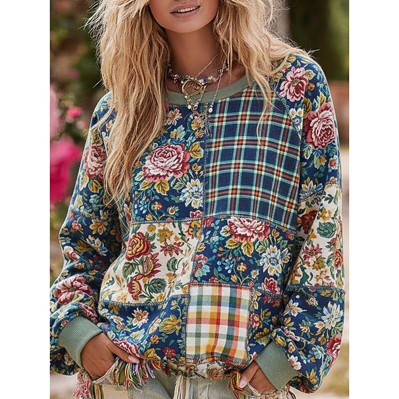 Women's Pullover Sweatshirts Floral Vintage Streetwear Classic Long Sleeve Crew Neck Round Neck Regular Tops Dailywear Casual Print Blue Spring Fall