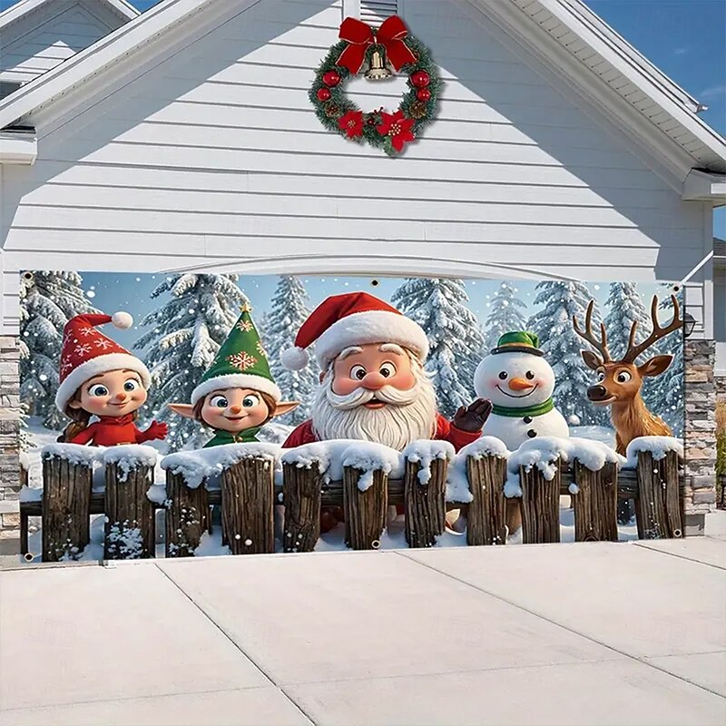 Christmas Tapestry Garage Door Cover Large Hanging Backdrop Snowman Gift Cute 3D Party Outdoor Holiday Shooting Backgrounds Yard Home Decor3