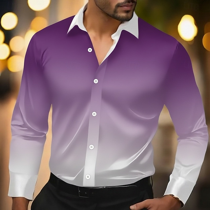 Men's Gradient Color Shirt Satin Shirt Dress Shirt Long Sleeve Vintage Retro Vacation Dailywear Summer Spring Fall Turndown 3D Print Button Up Shirts Blue Purple Gold Green Gray4