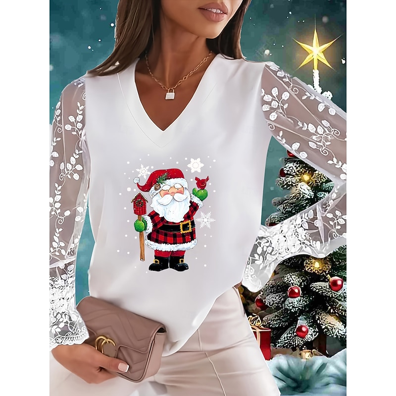 Christmas Women's T Shirt Lace Splicing Top Graphic Ugly Christmas Elegant Fashion Cute Long Sleeve Lantern Sleeve V Neck Regular Tops Going out Weekend Lace Patchwork Black and White Pearl White3