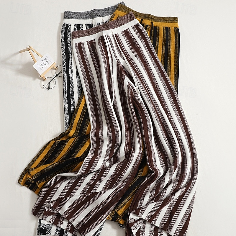 Women's Wide Leg Pants Trousers Palazzo Pants Fashion Streetwear Full Length High Waist Stripe Elastic Waist Knitted Breathability Comfortable Street Daily Wear Going out Black Yellow Khaki Spring