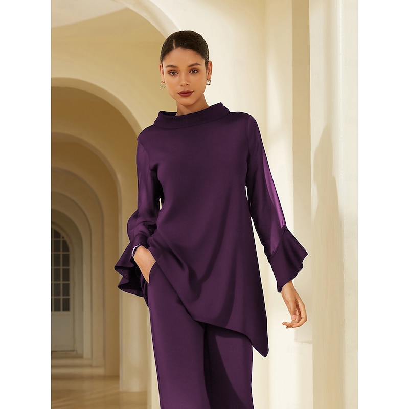 Women's Blouse Wine Red Solid Chiffon Tencel Roma Patchwork Ruffle 3/4 Sleeve Stand Collar Casual Elegant Spring Summer Fall 优化解析：