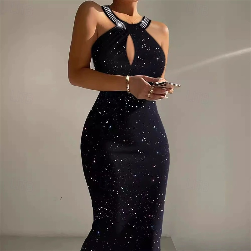 Women's Midi Dress Black Dress Sequin Dress Party Dress Casual Dress Elegant Fashion Modern Outdoor Party Daily Slim Plain Sleeveless Halter Neck Black Spring Autumn